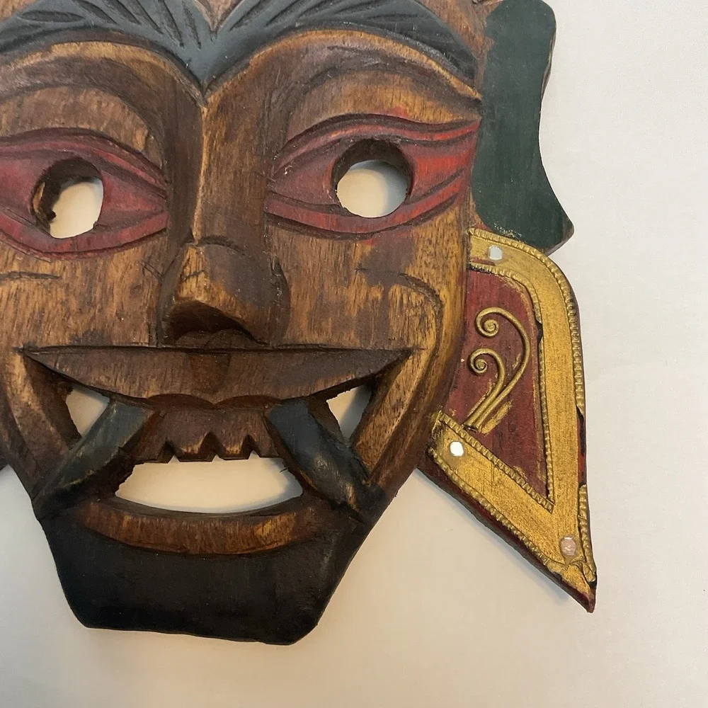 Vtg Hand Carved Wood Mask-Hand Carved & Painted-Decor - Rhinestones - 10 x 7 in.